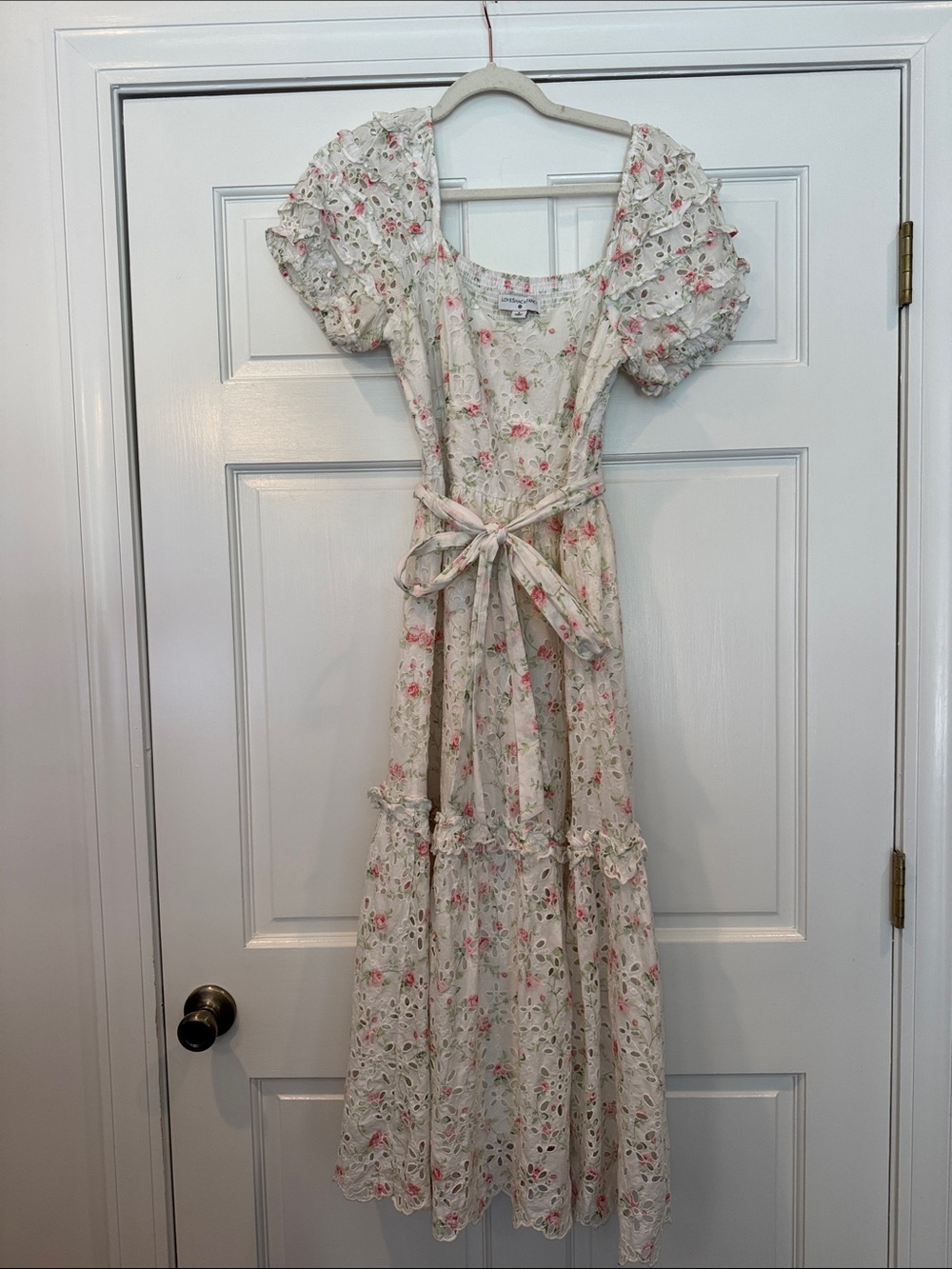LoveShackFancy for Target Cream Maxi Dress with Pink Floral Eyelet